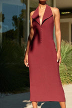 Burgundy Crepe Halter Midi Dress - View 6 | WEUXS
