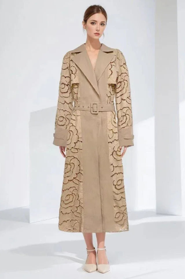 Beige embroidered duchess satin trench coat with belt Main image