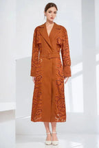 Rust embroidered duchess satin trench coat with belt