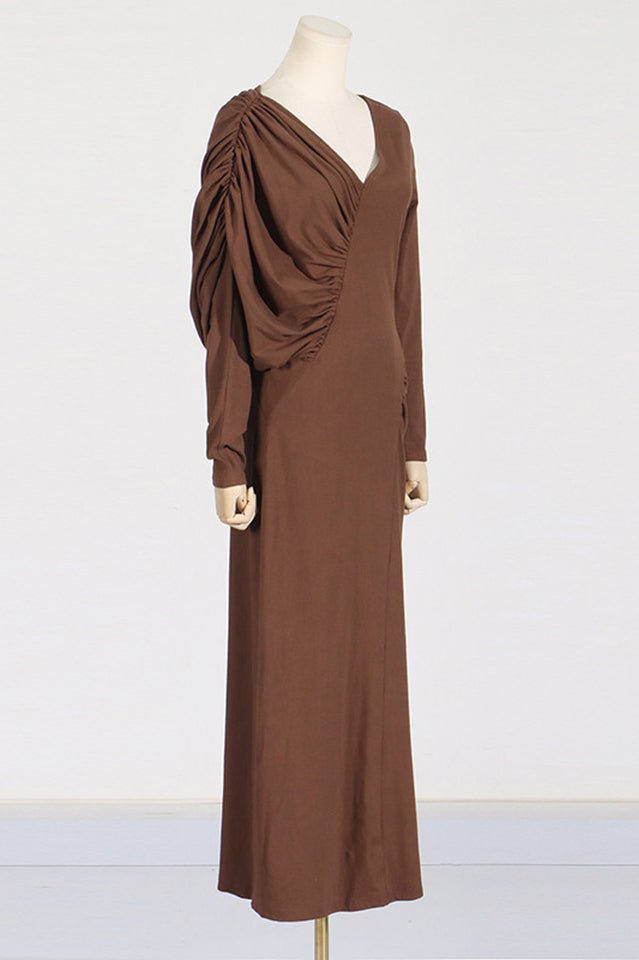 Asymmetric V - Neck Pleated Maxi Dress - WEUXS