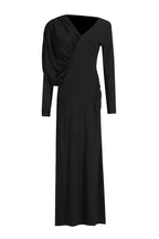 A full-length view of a black ruched V-neck dress with long sleeves.