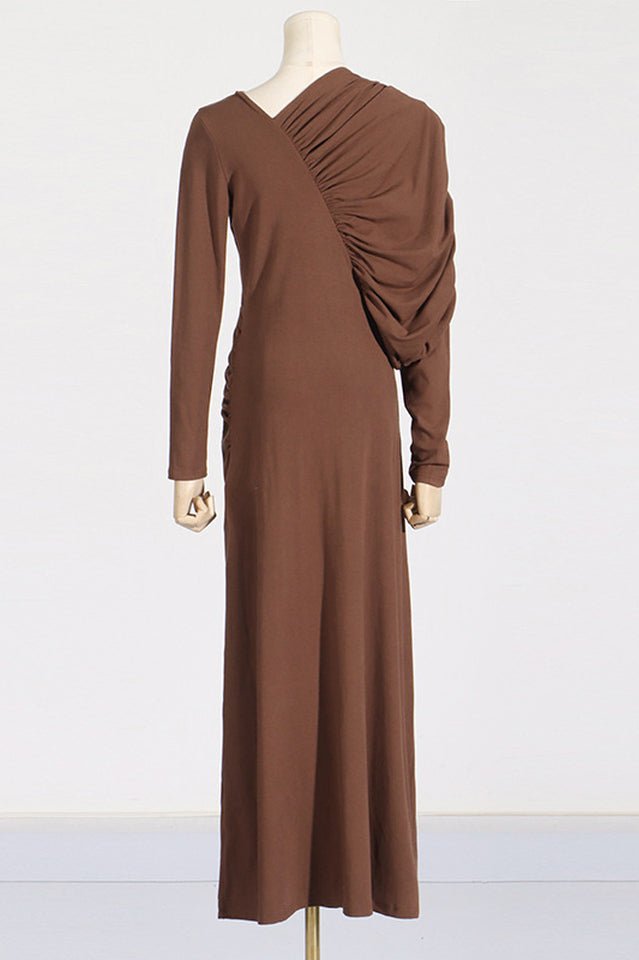 Asymmetric V - Neck Pleated Maxi Dress - WEUXS