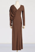 Asymmetric V - Neck Pleated Maxi Dress - WEUXS