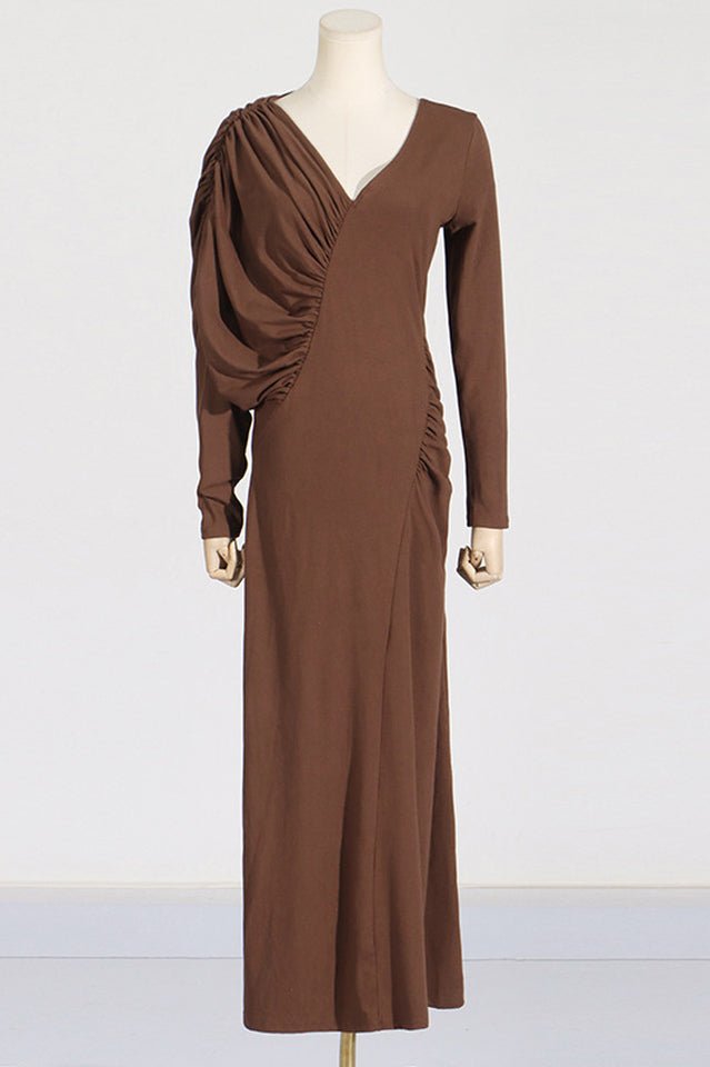 Asymmetric V - Neck Pleated Maxi Dress - WEUXS