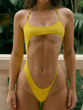 Yellow one-piece swimsuit with high-cut legs and a cut-out detail