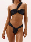 Black one-shoulder bikini with twisted front and ruched low-rise bottoms