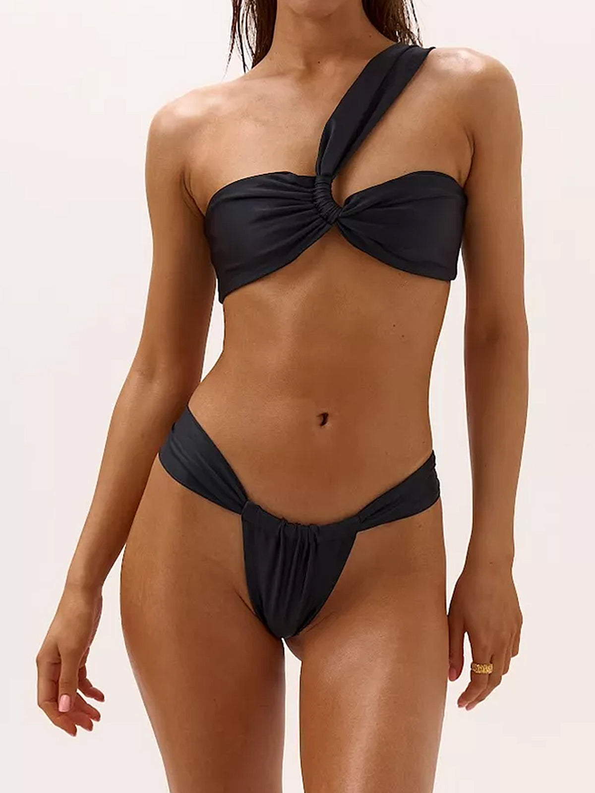 Black one-shoulder bikini with twisted front and ruched low-rise bottoms