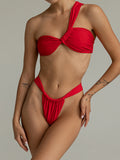 Red one-shoulder bikini with twisted front and ruched low-rise bottoms
