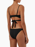 Back view of black wrap bikini top with tie closure and double strap bottoms