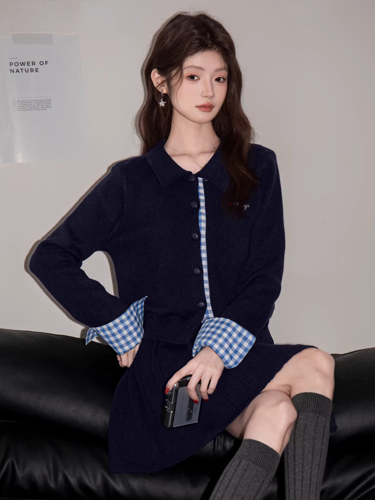 Preppy Knit Set: Collared Top & Pleated Skirt