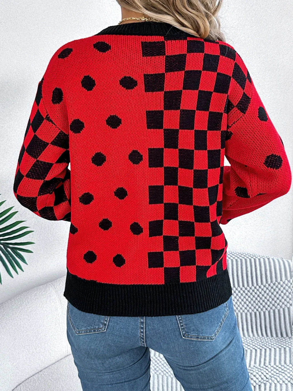 Gray polka dot checkerboard knit sweater - View 8 | WEUXS