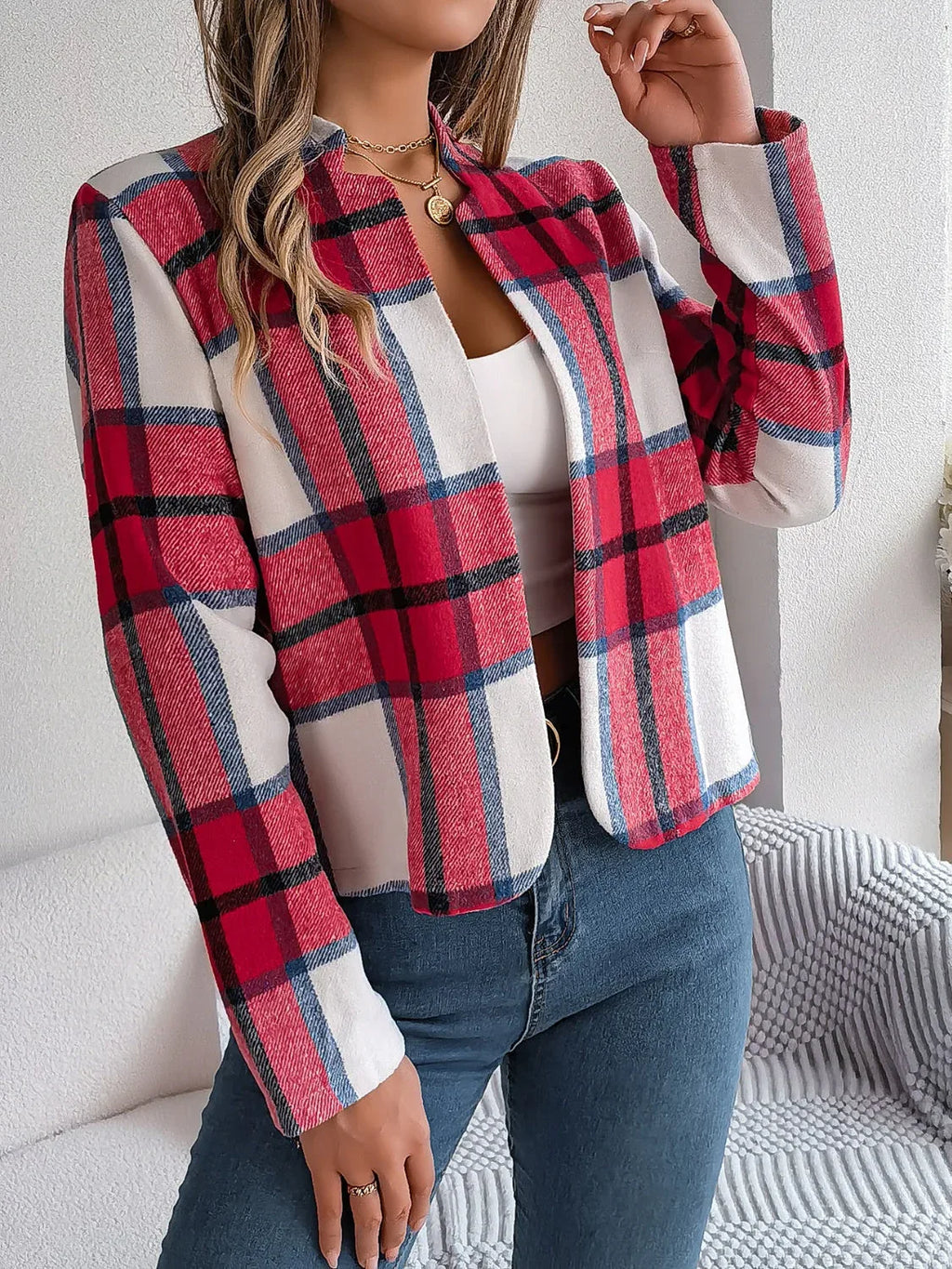 Chic Navy Blue Plaid Cropped Jacket - WEUXS