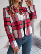 Chic Navy Blue Plaid Cropped Jacket - WEUXS