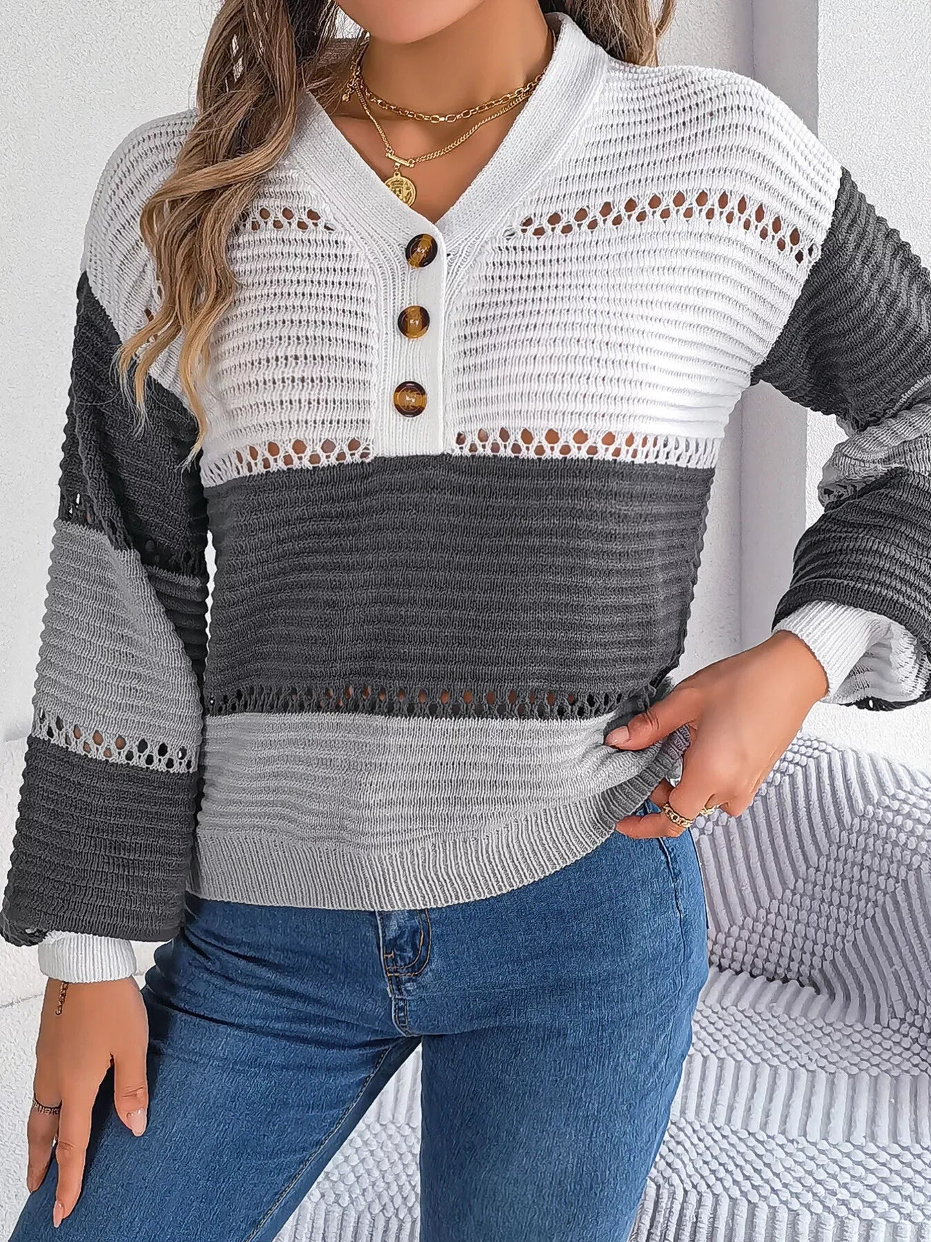 Color block knit henley sweater - View 12 | WEUXS