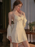 Vintage Cream | Twist-Front Lace & Mesh Satin Robe Set - WEUXS