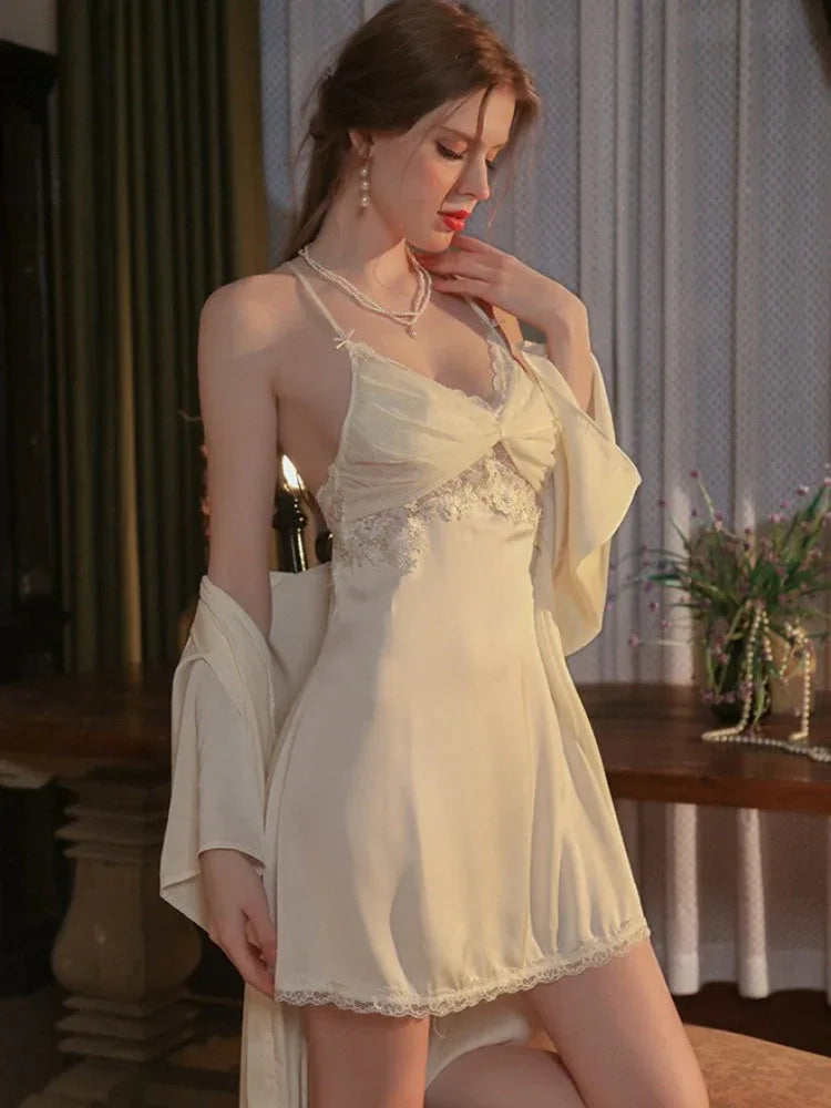 Vintage Cream | Twist-Front Lace & Mesh Satin Robe Set - WEUXS
