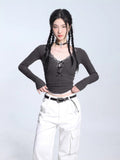 Ribbed knit V-neck crop top with lace trim and bow accent - View 9 | WEUXS