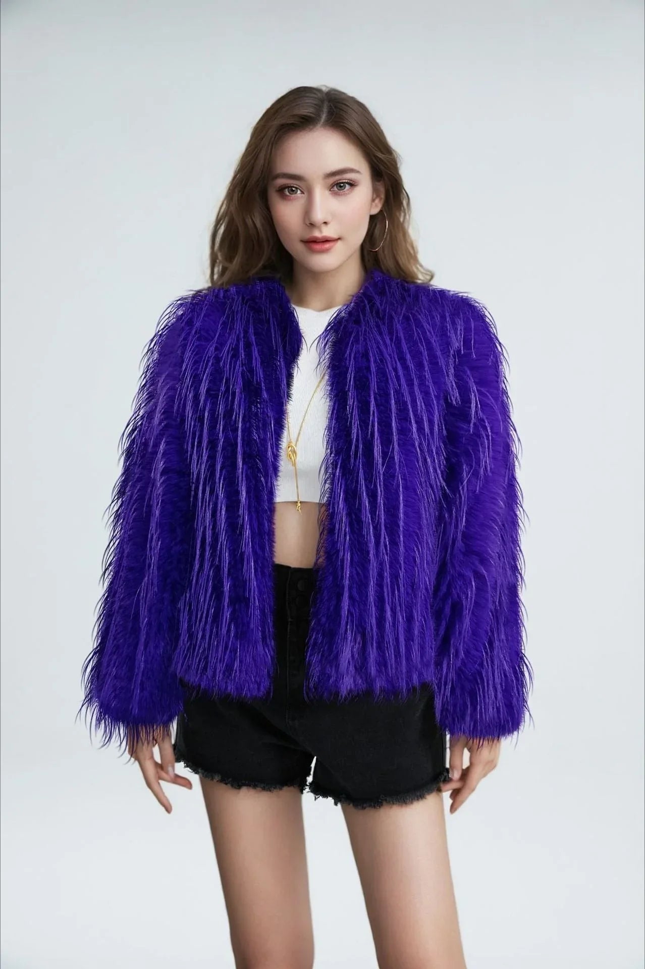 Woman wearing a purple shaggy faux feather cropped jacket