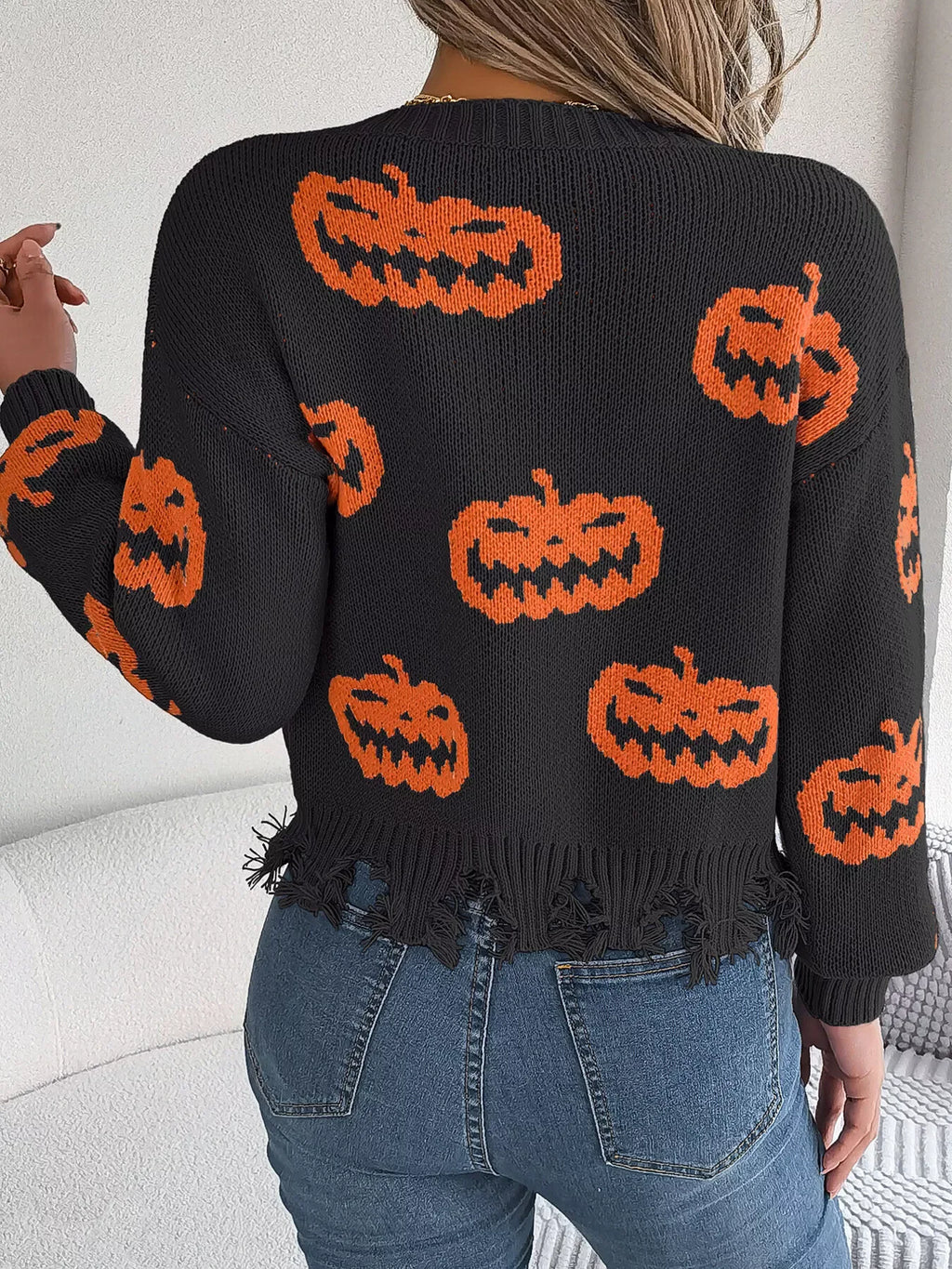 woman wearing black pumpkin knit sweater - View 6 | WEUXS