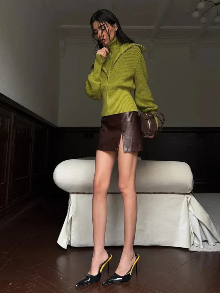 Sculpted Lime Ribbed Knit Zip-Up Cardigan - WEUXS