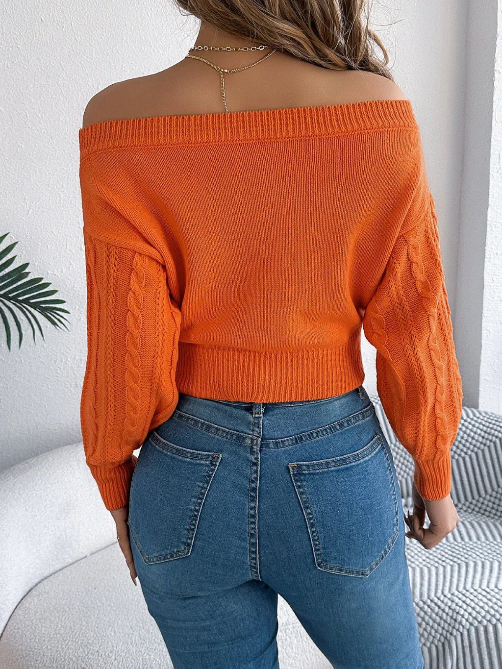 Khaki Off-Shoulder Cable Knit Sweater - View 12 | WEUXS