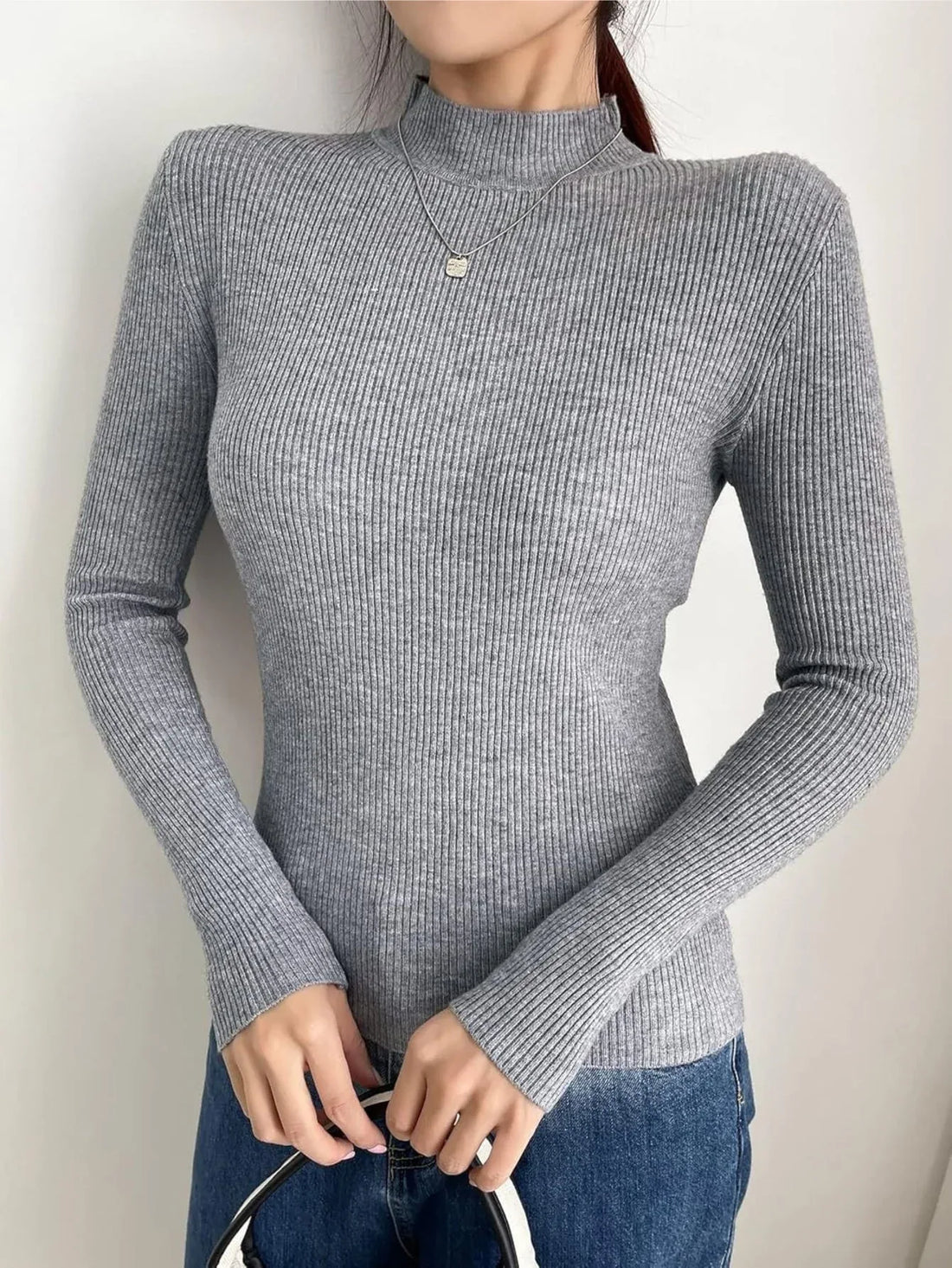 grey mock neck ribbed knit sweater front view