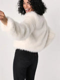 Cream faux fur cropped jacket - View 8 | WEUXS