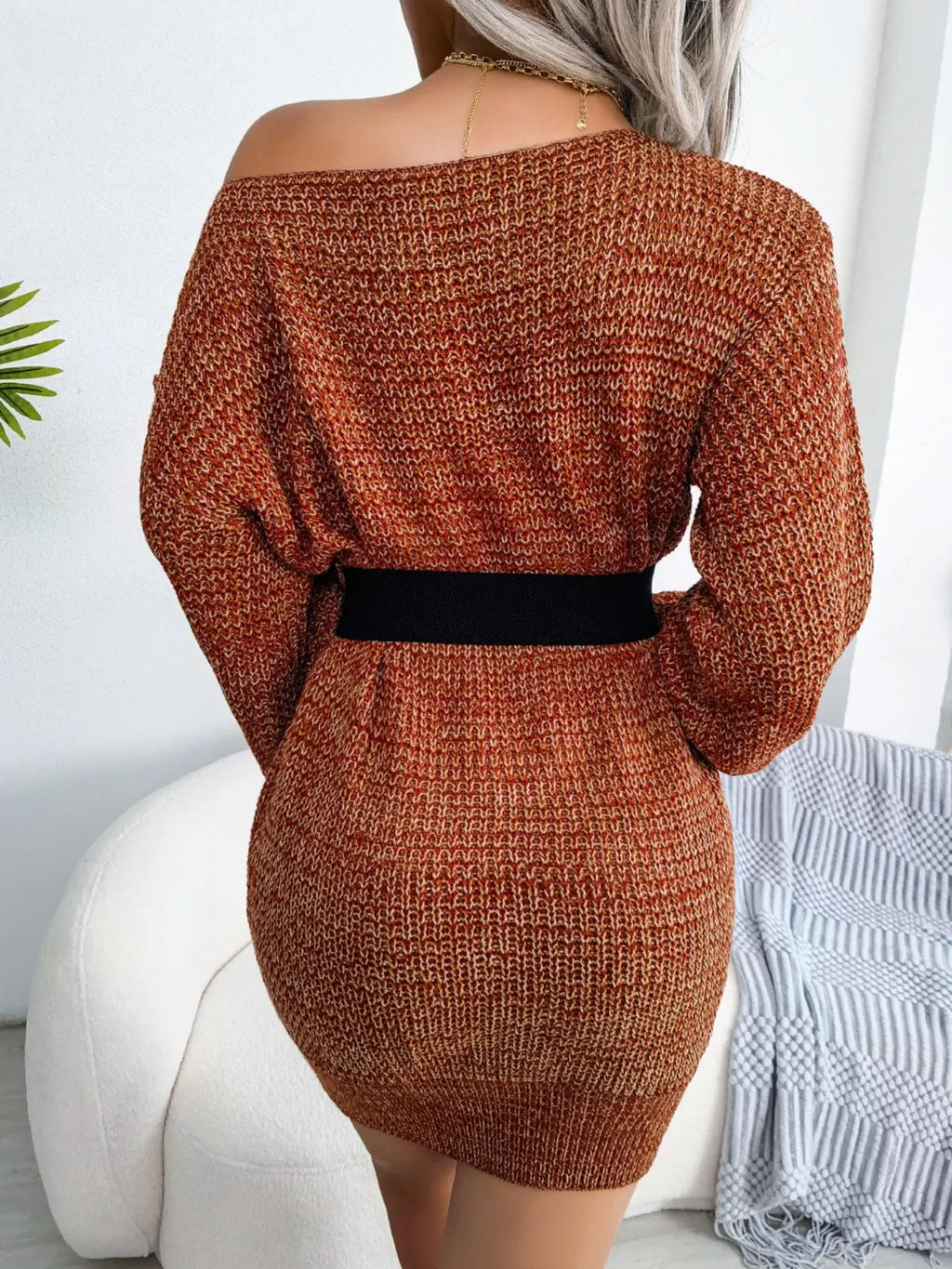 Green Marled Off-Shoulder Sweater Dress - WEUXS