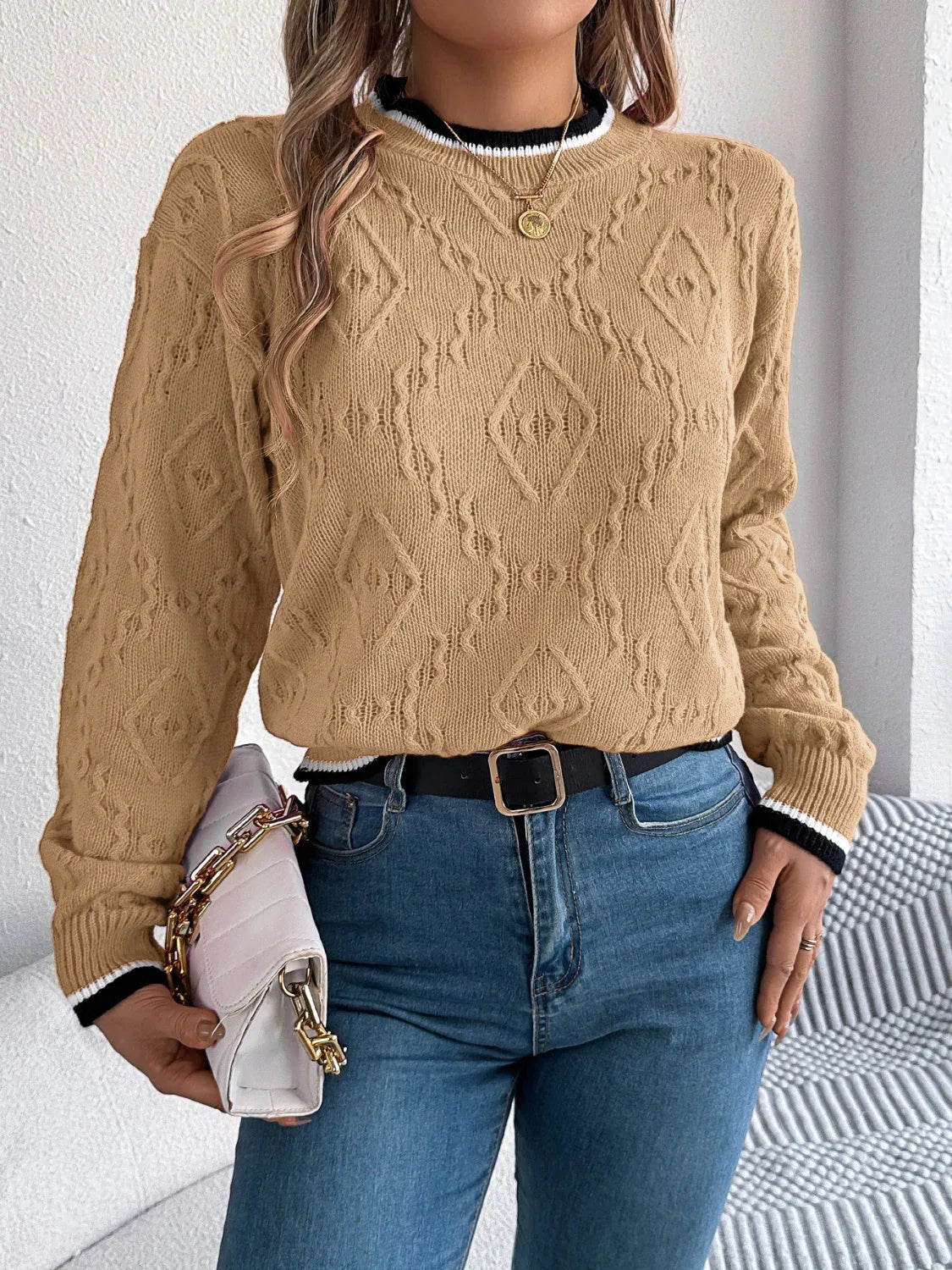 Khaki Textured Knit Crew Neck Sweater - View 6 | WEUXS