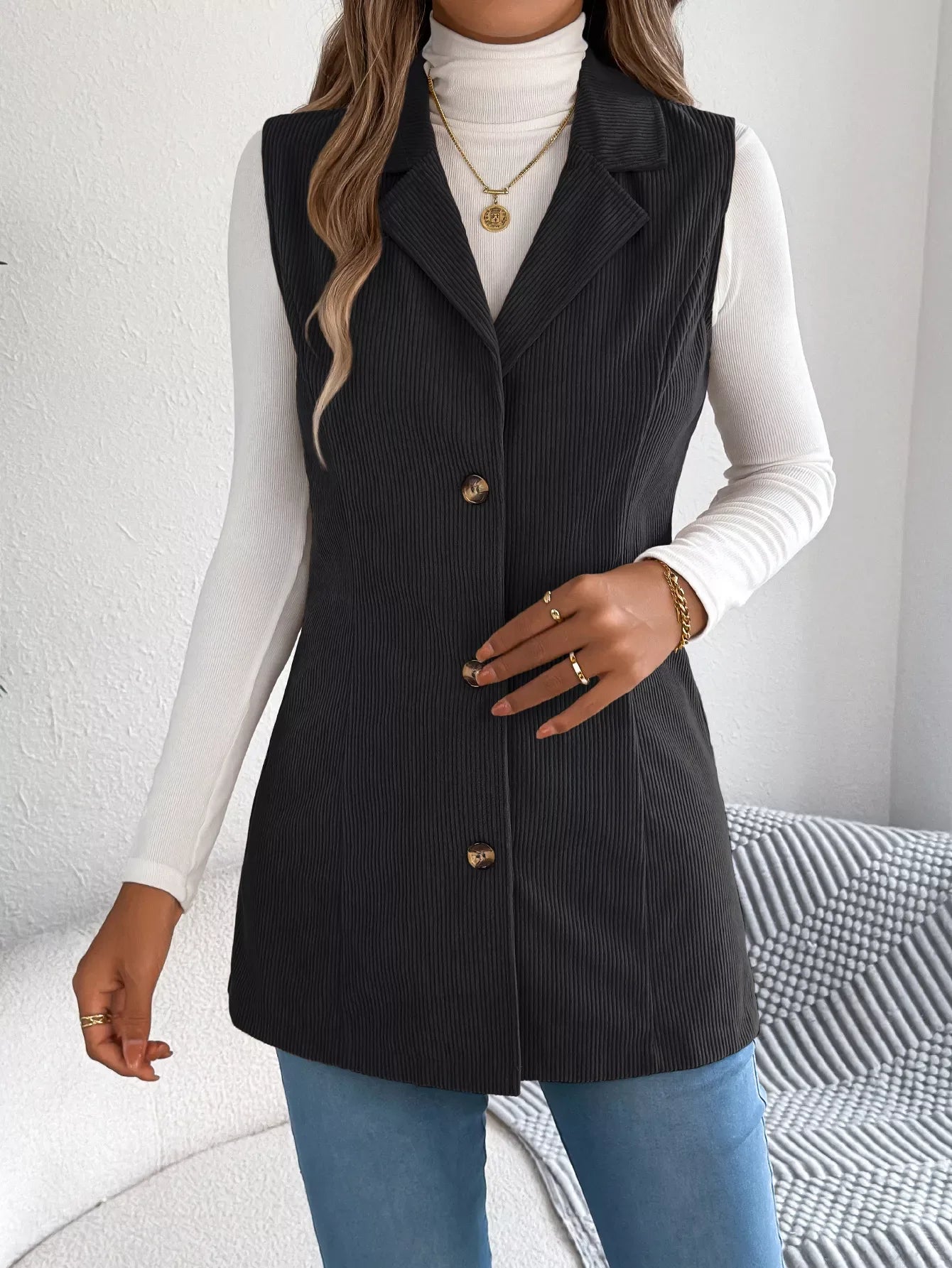 Beige corduroy sleeveless jacket with notched lapel - View 17 | WEUXS