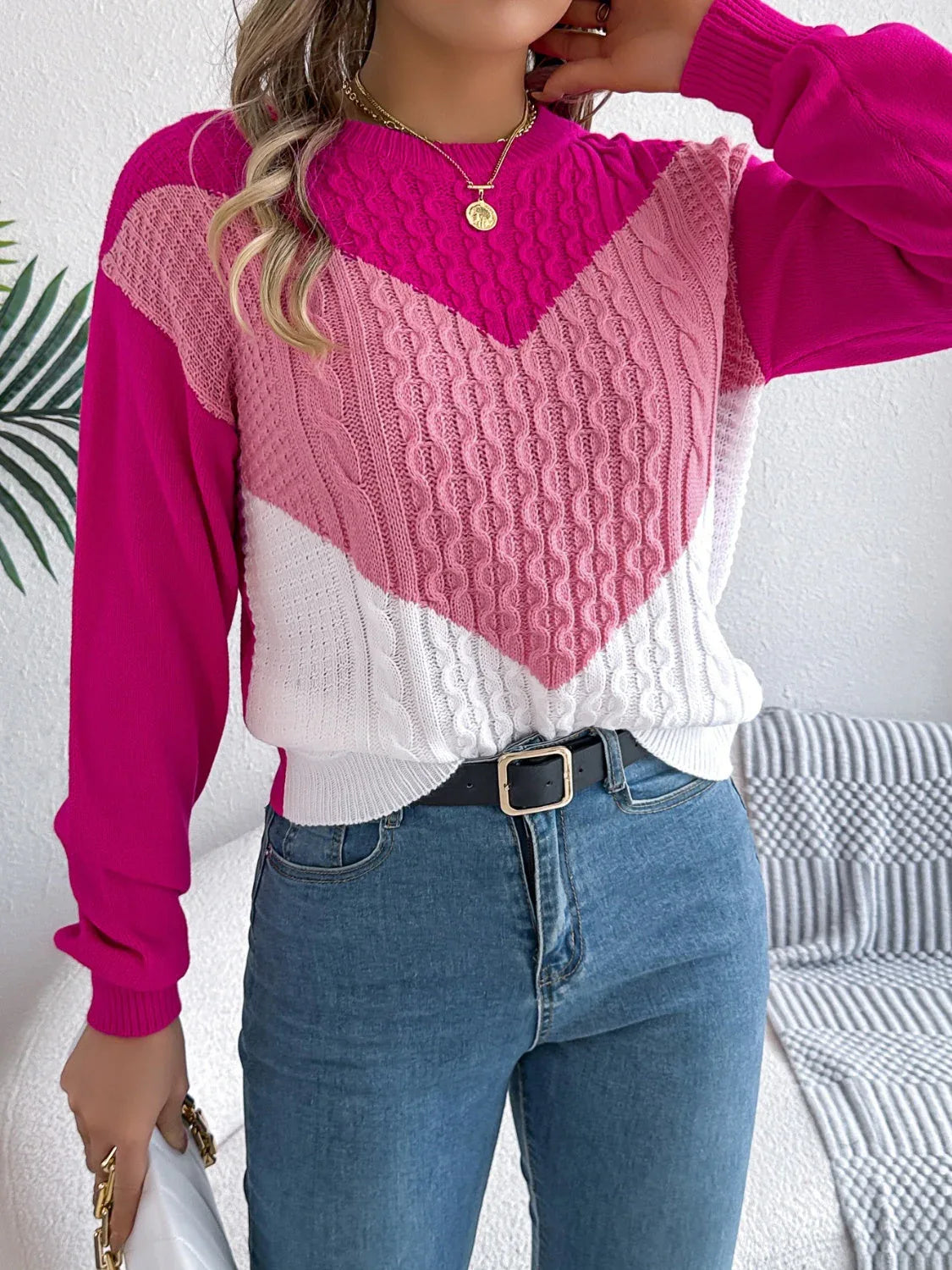 Colorblock cable knit sweater - View 16 | WEUXS