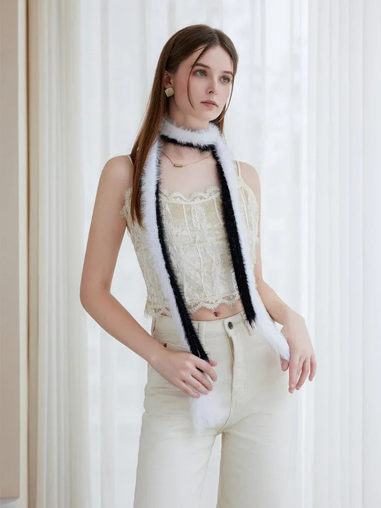 Black & White Faux Mink Skinny Scarf - WEUXS