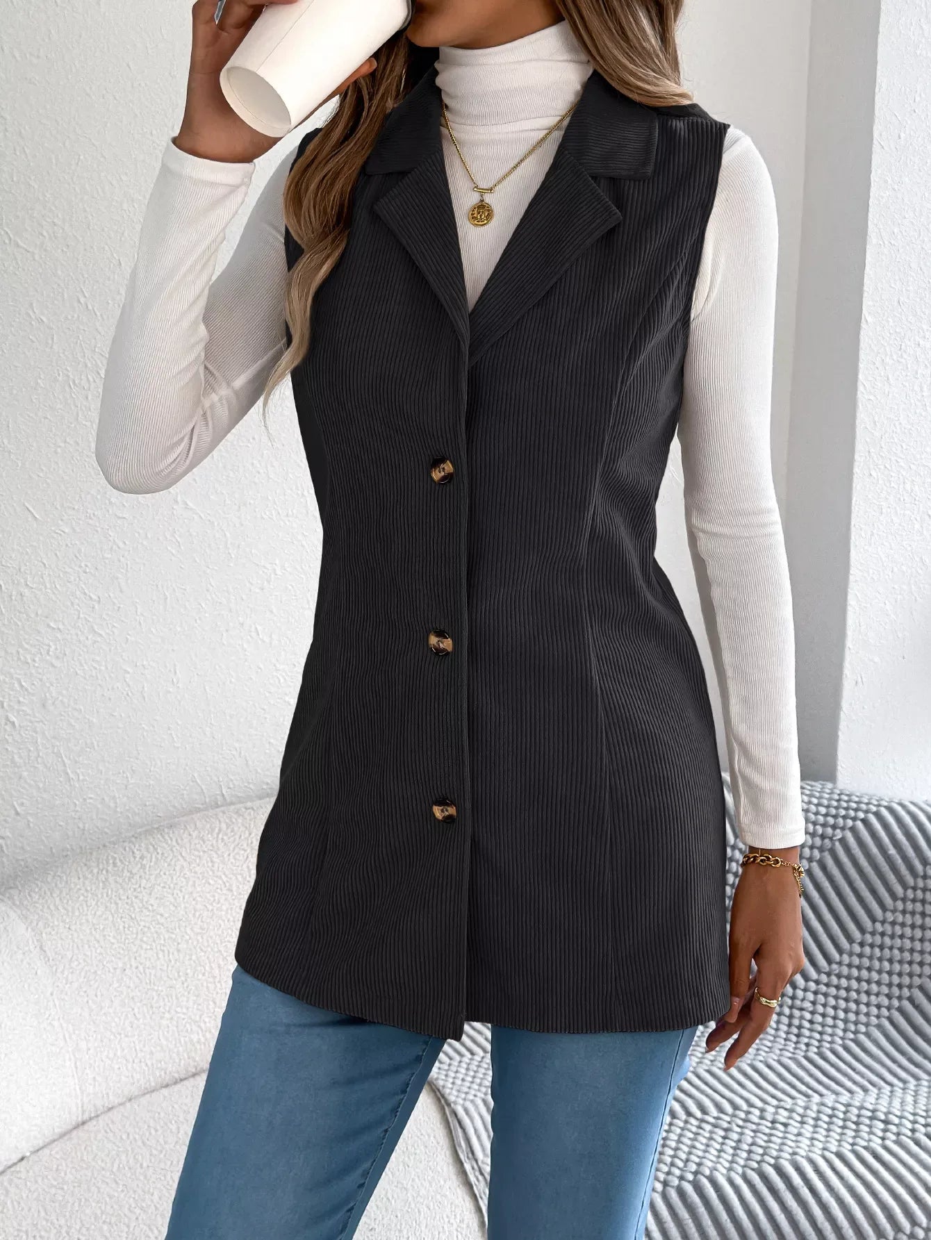 Beige corduroy sleeveless jacket with notched lapel - View 14 | WEUXS