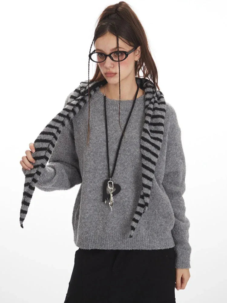 Grey fuzzy knit sweater with striped hooded scarf set - View 6 | WEUXS
