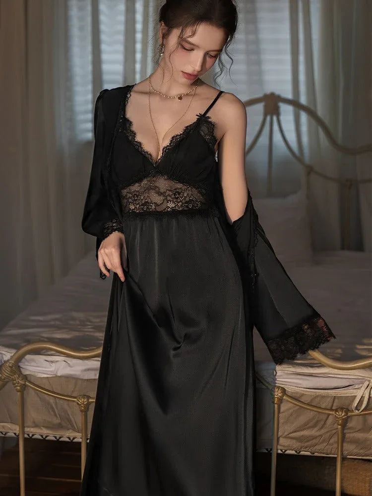 Satin lace robe and slip dress set - View 20 | WEUXS