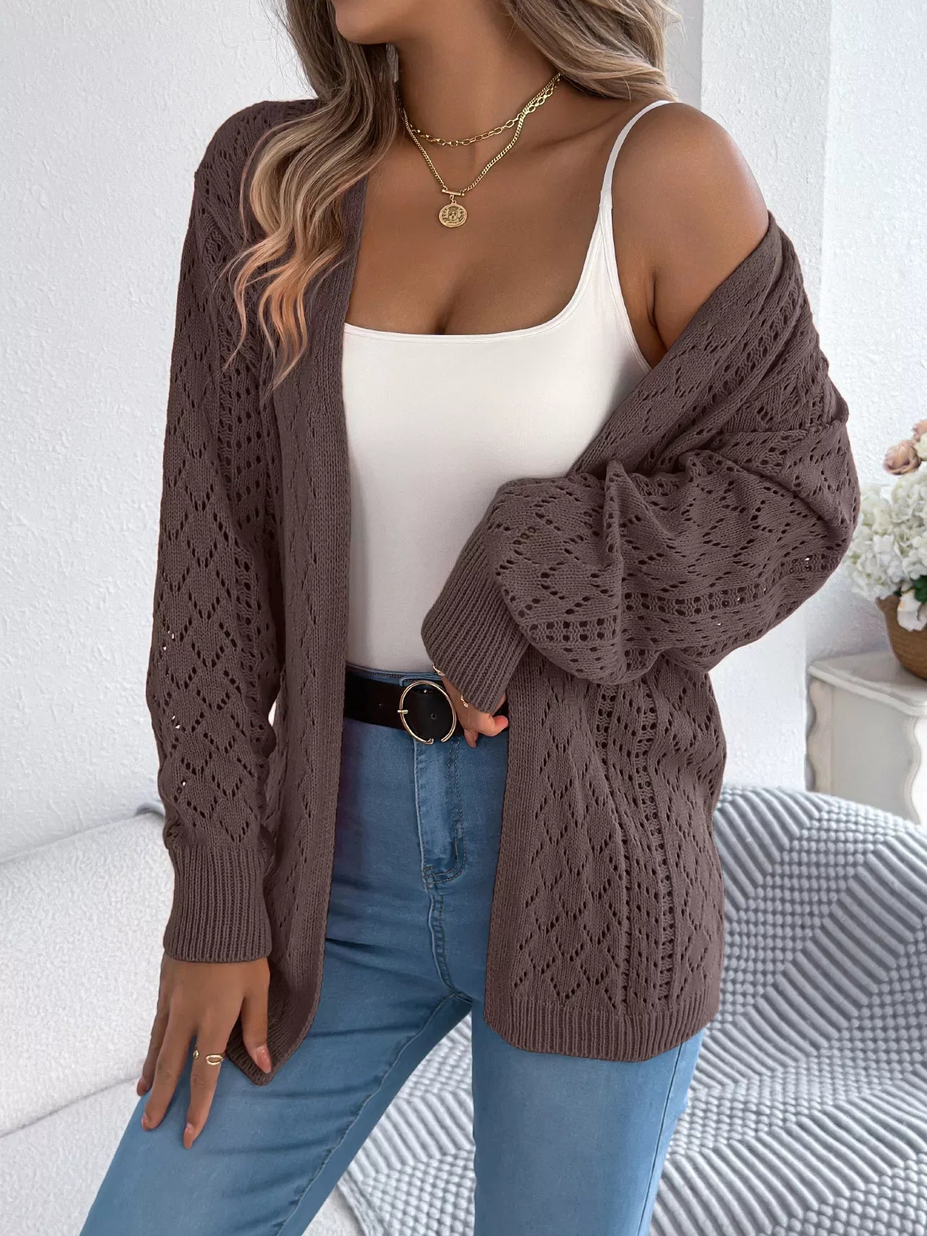 Orange Pointelle Knit Cardigan - WEUXS