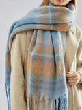 Blue plaid scarf with fringe trim - View 6 | WEUXS