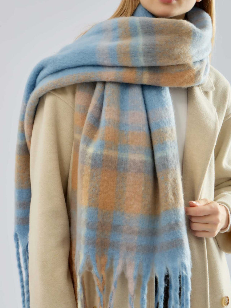Blue plaid scarf with fringe trim - View 6 | WEUXS