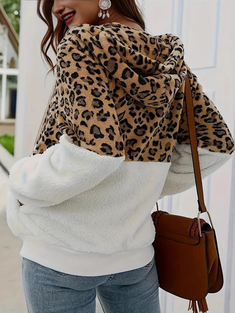 Leopard Print Colorblock Faux Fur Zip-Up Hoodie