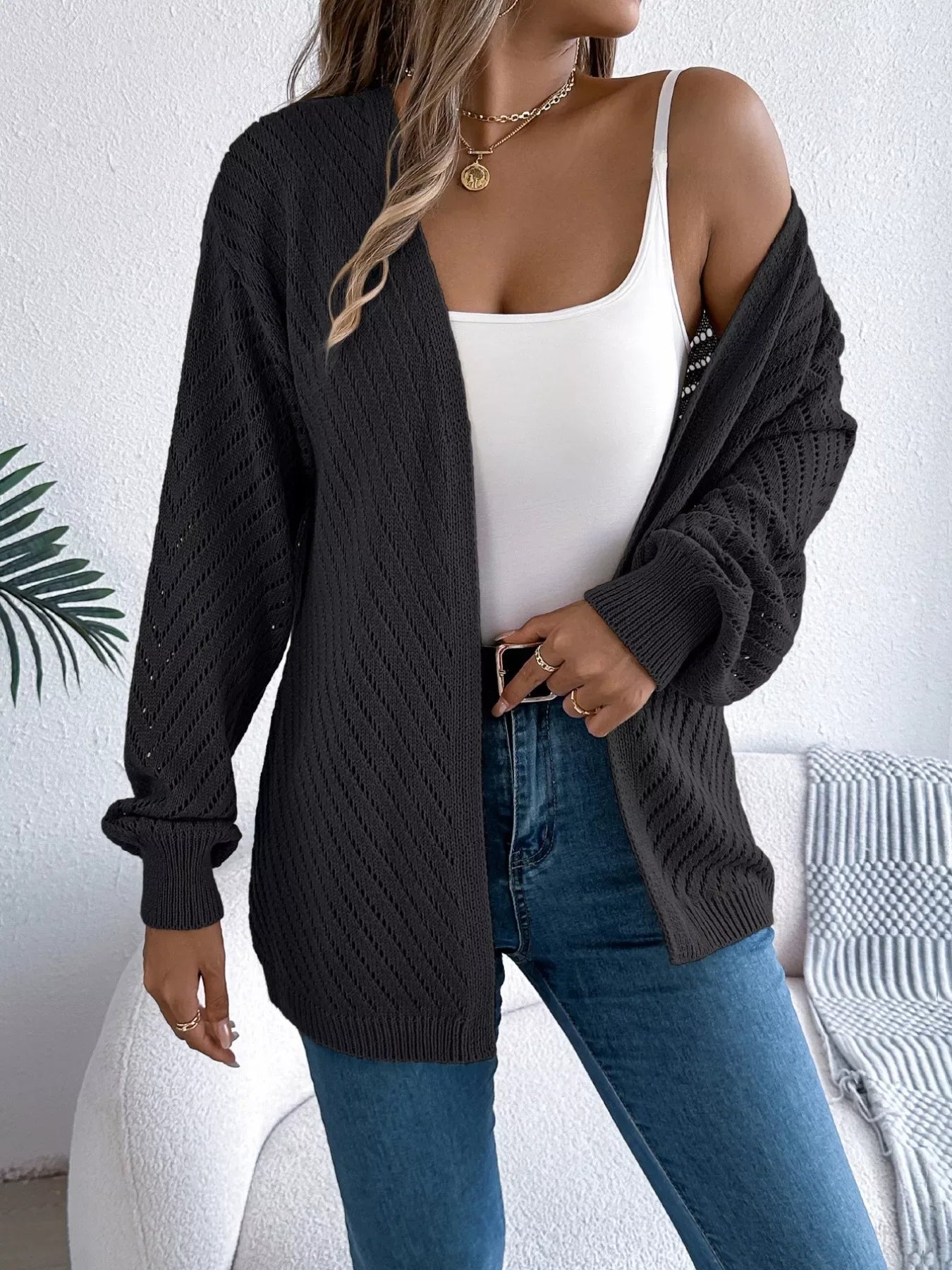 White pointelle knit cardigan - View 7 | WEUXS