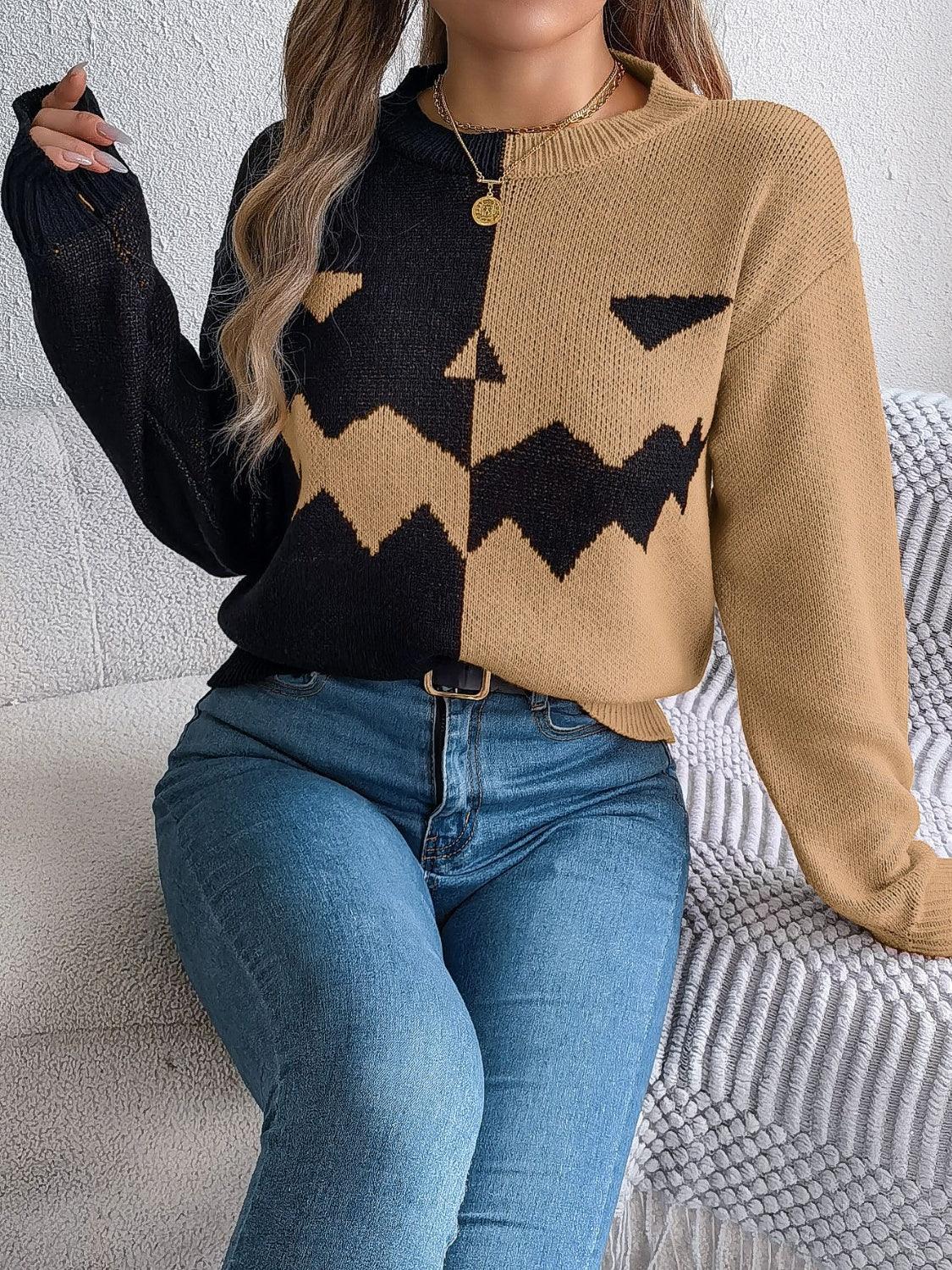 Spooky Chic Split Color Block Pumpkin Sweater - WEUXS