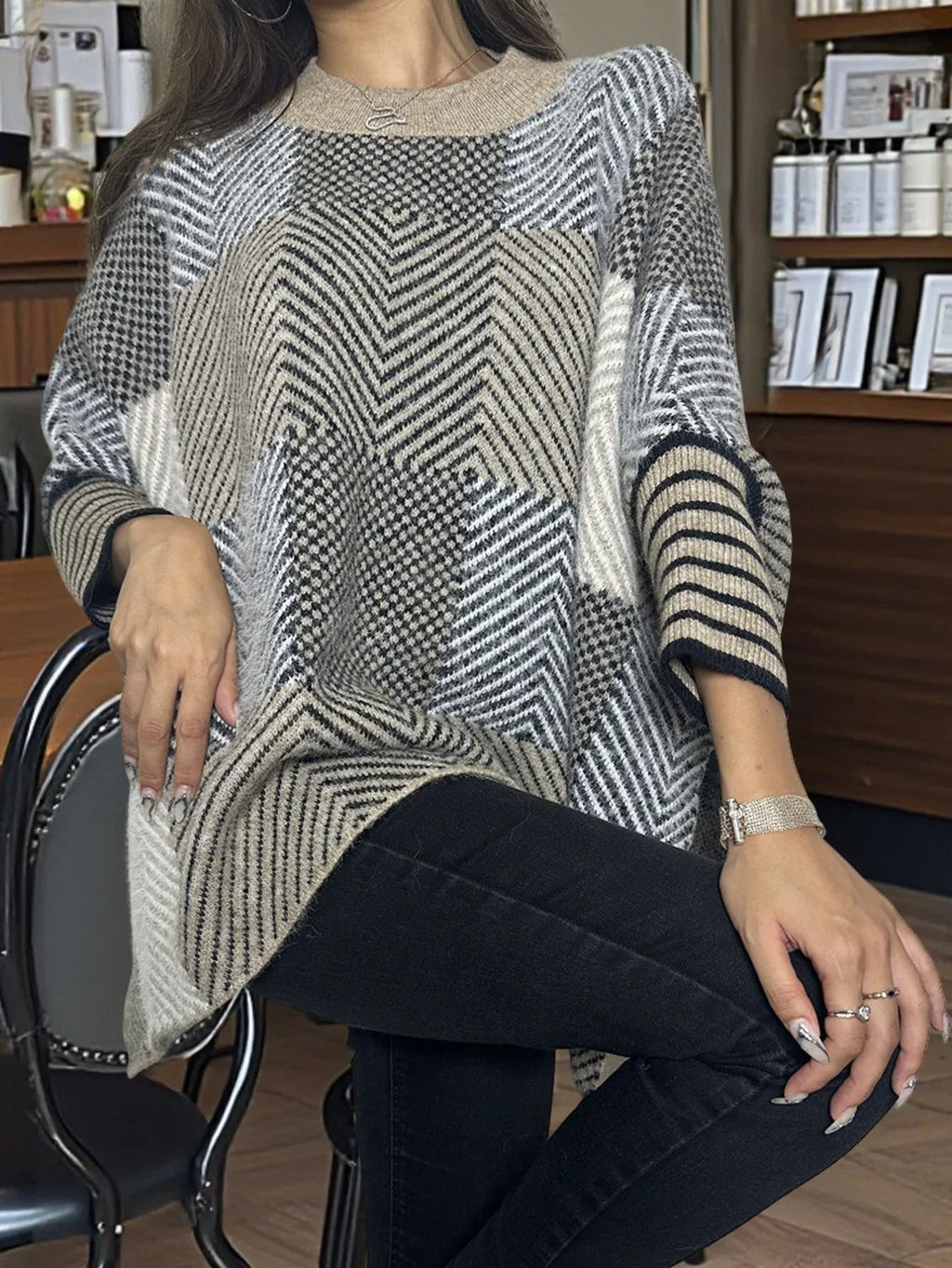 Geometric Batwing Sleeve Sweater - View 6 | WEUXS