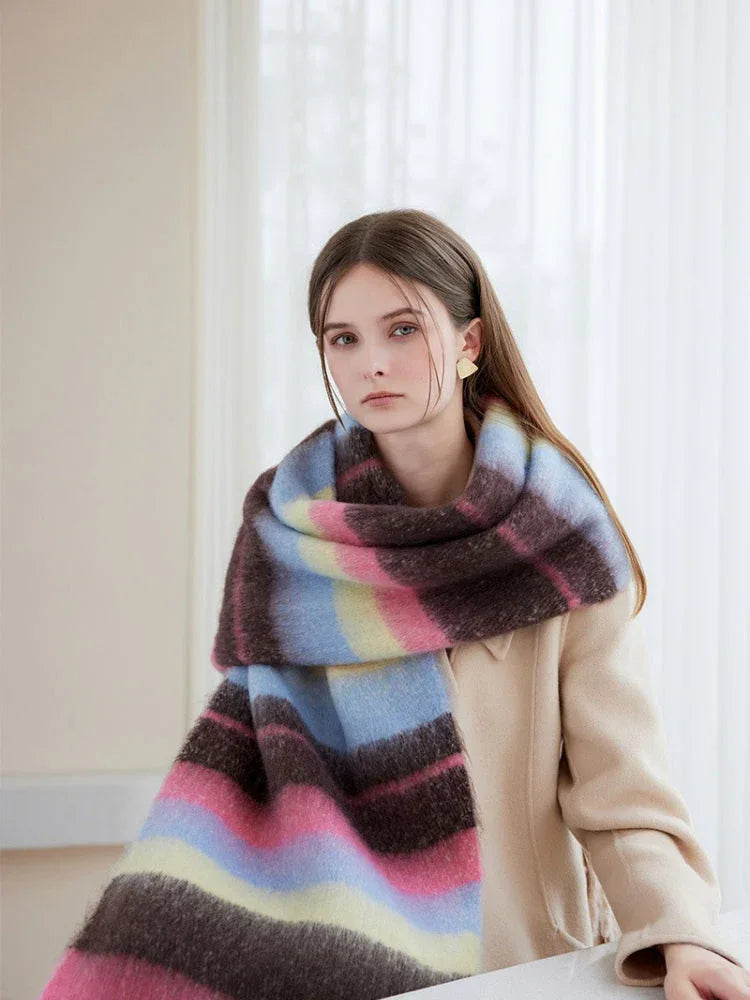woman wearing a pink, blue, yellow, and brown striped oversized shawl scarf