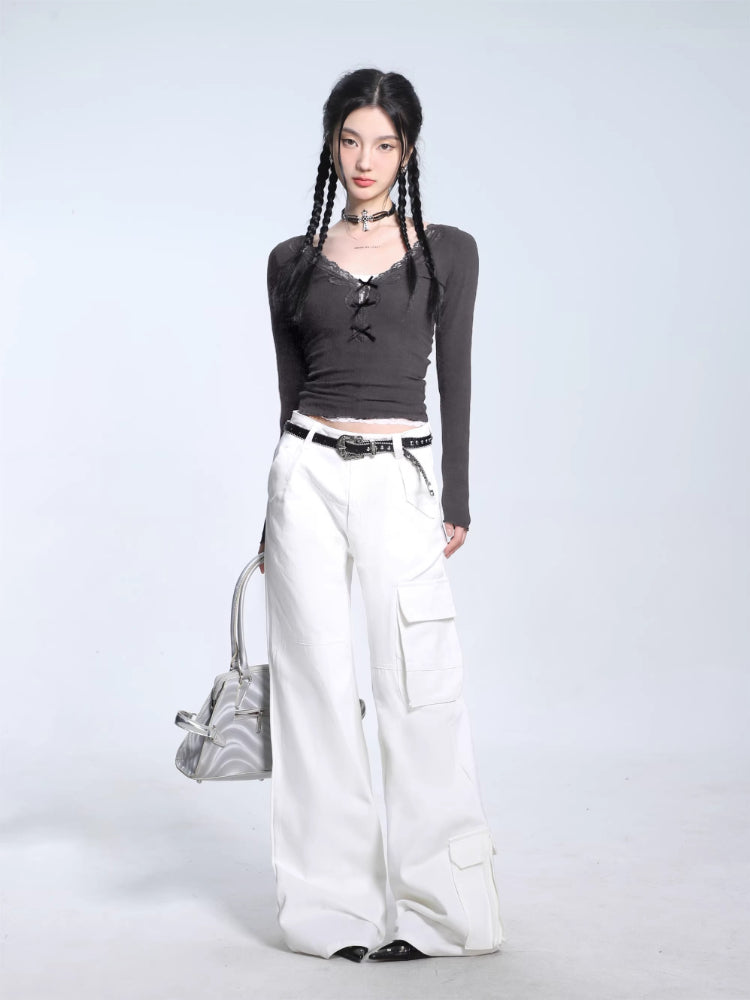 Ribbed Lace Trim Crop Top - View 7 | WEUXS