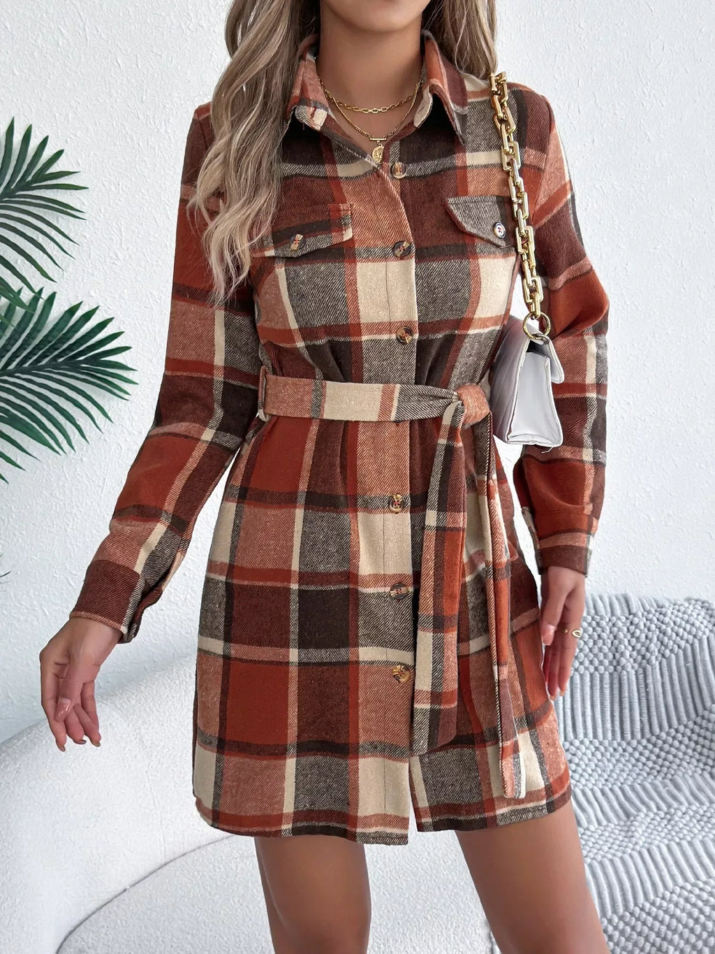 Green Plaid Belted Shirt Dress - View 13 | WEUXS