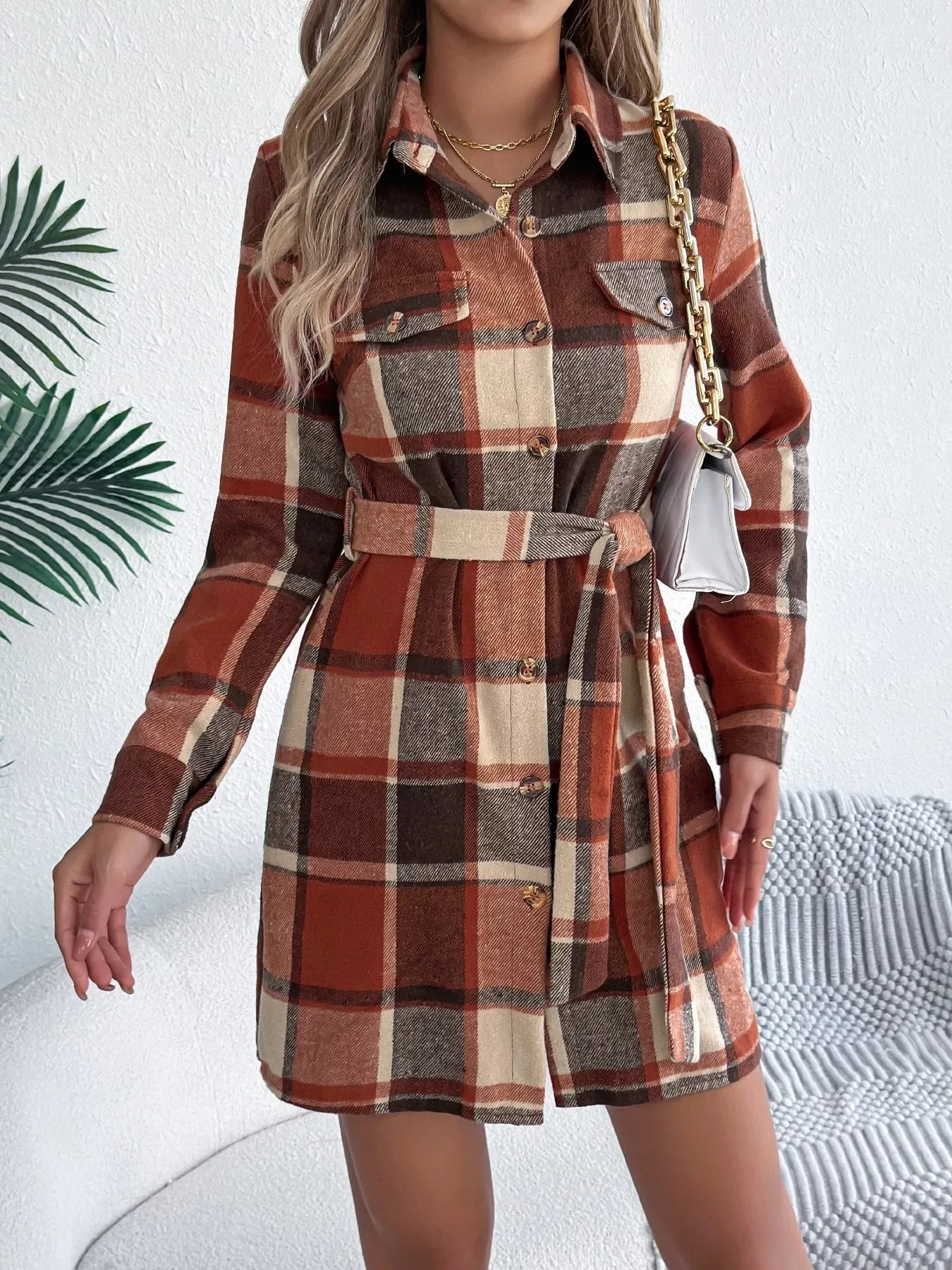 Green Plaid Belted Shirt Dress - View 13 | WEUXS