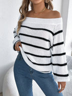 Off Shoulder Striped Knit Sweater - View 6 | WEUXS