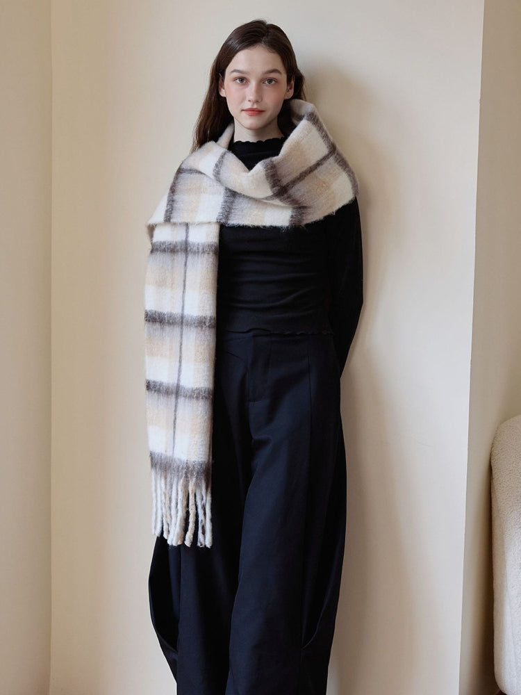 Oversized Faux Mohair Plaid Scarf