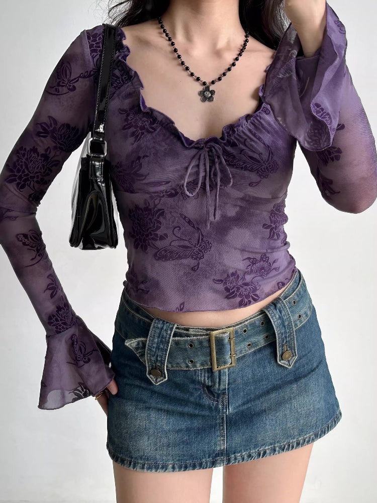 Flocked Floral Bell Sleeve Top