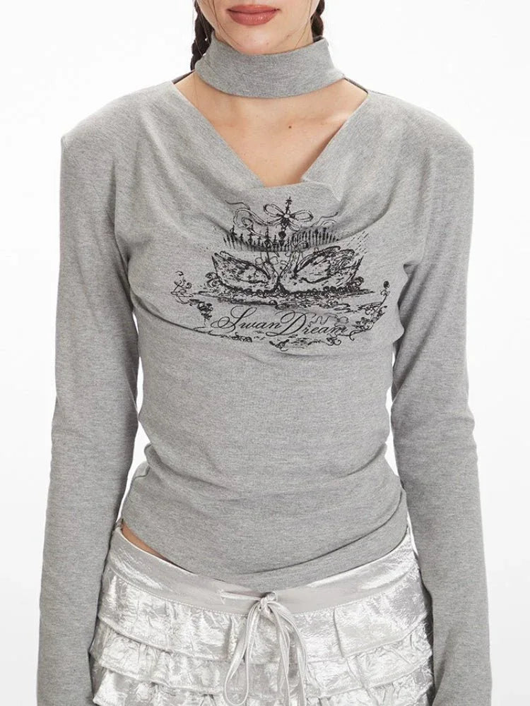 Cowl Neck Swan Print Top - View 6 | WEUXS